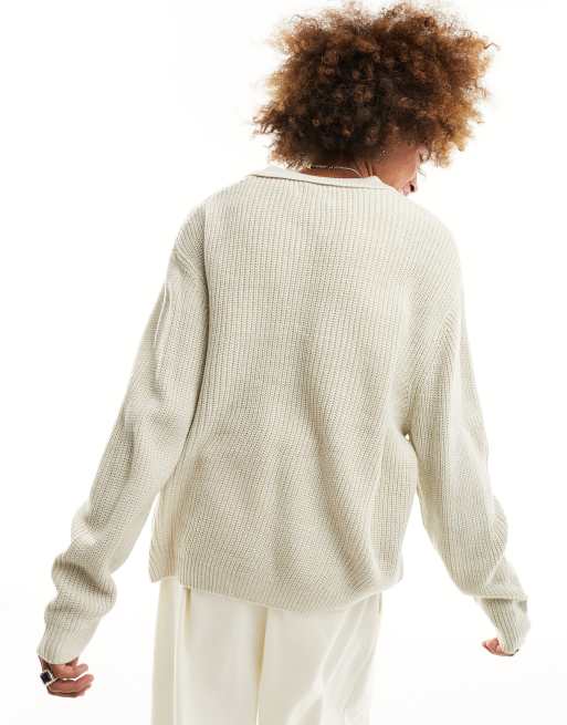 ASOS DESIGN oversized knitted fisherman rib notch neck jumper in stone, 4 of 4
