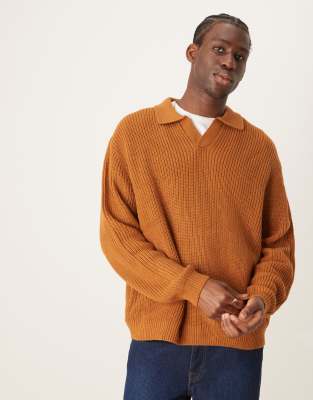 ASOS DESIGN ASOS DESIGN oversized knitted fisherman rib notch neck jumper in tan-Brown