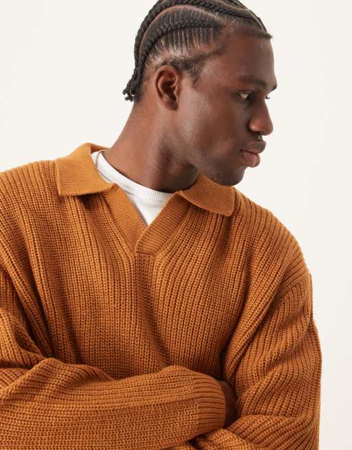 ASOS DESIGN oversized knitted fisherman rib notch neck jumper in tan, 2 of 4