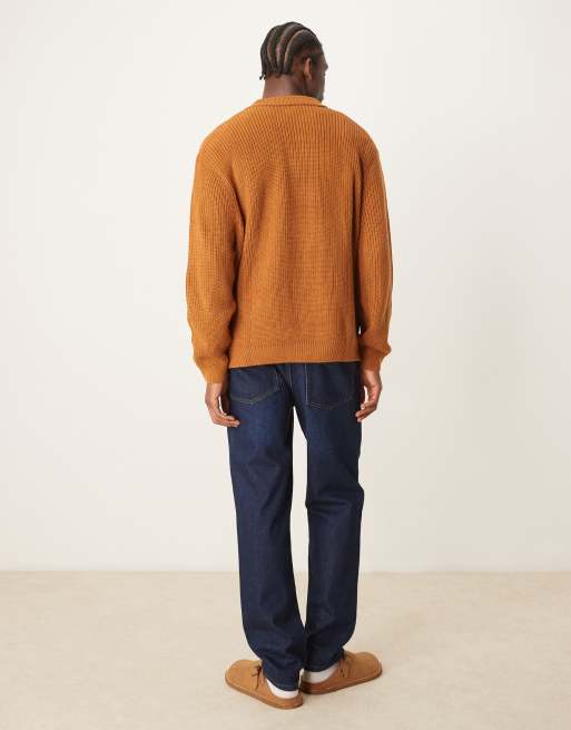 ASOS DESIGN oversized knitted fisherman rib notch neck jumper in tan, 3 of 4