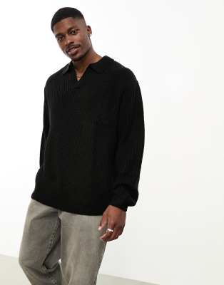ASOS DESIGN oversized knitted fisherman rib notch neck sweater in black | ASOS