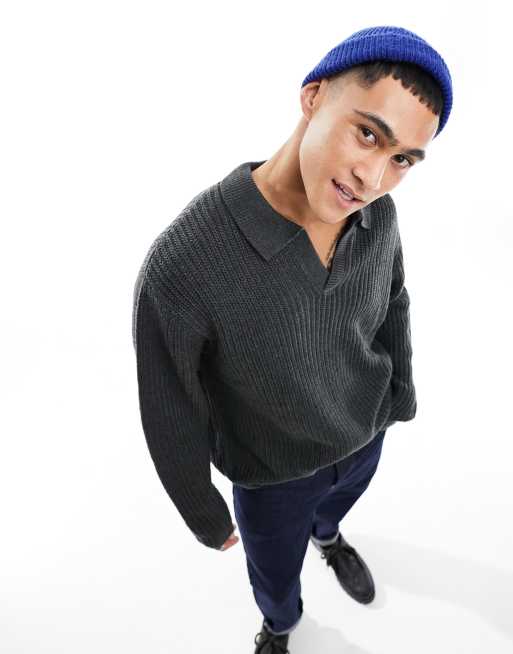 ASOS DESIGN oversized knitted fisherman rib notch neck sweater in charcoal