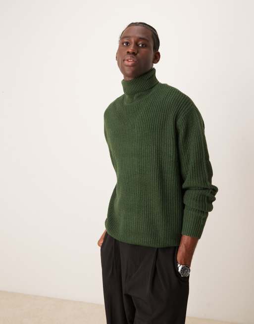 ASOS DESIGN oversized knitted fisherman rib roll neck jumper in dark green ASOS