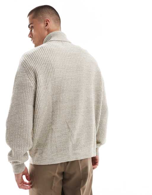 ASOS DESIGN oversized knitted fisherman rib roll neck jumper in oatmeal twist, 3 of 4