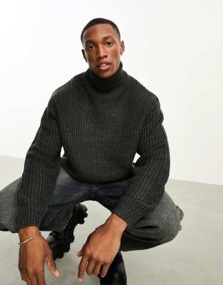 Asos Design Oversized Fisherman Rib Roll Neck Sweater In Charcoal-gray