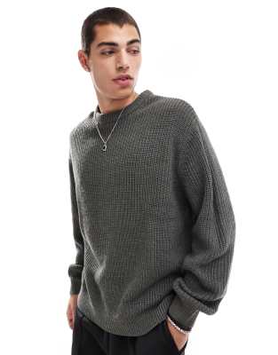 oversized knitted fisherman rib sweater in charcoal heather-Gray