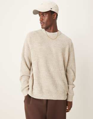 oversized knitted fisherman rib sweater in oatmeal twist-Neutral