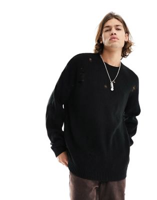 Asos Design Oversized Knitted Fisherman Rib Sweater With Ladder Detail In Black