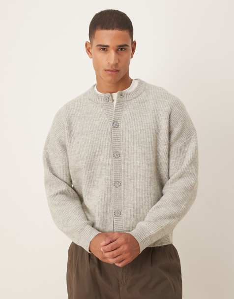 ASOS DESIGN oversized knitted fisherman rib wool blend crew neck cardigan in grey - view 1