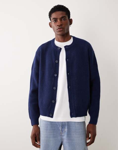 ASOS DESIGN oversized knitted fisherman rib wool blend crew neck cardigan in navy