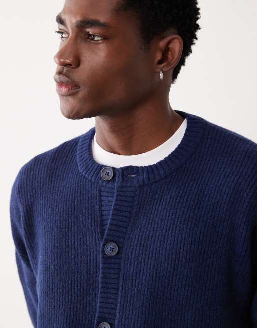 ASOS DESIGN oversized knitted fisherman rib wool blend crew neck cardigan in navy, 3 of 5
