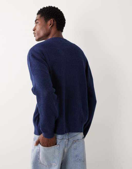 ASOS DESIGN oversized knitted fisherman rib wool blend crew neck cardigan in navy, 5 of 5
