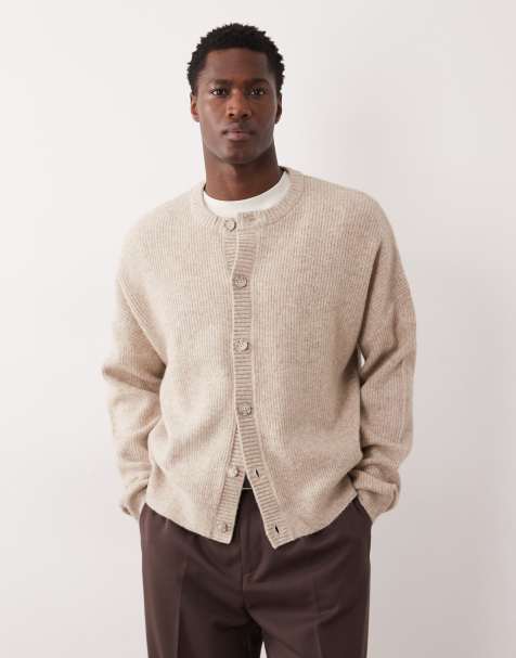 ASOS DESIGN oversized knitted fisherman rib wool blend crew neck cardigan in oatmeal