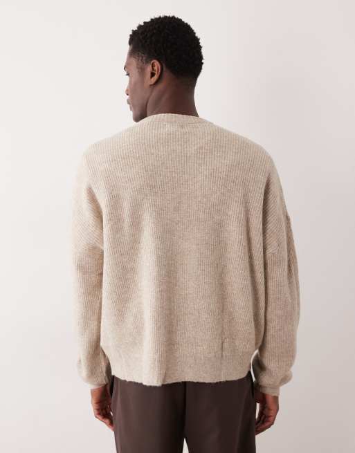 ASOS DESIGN oversized knitted fisherman rib wool blend crew neck cardigan in oatmeal, 3 of 5