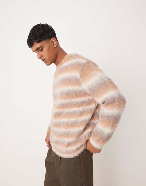 ASOS DESIGN oversized knitted fluffy jumper in neutral stripe - view 1