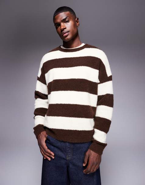 ASOS DESIGN oversized knitted fluffy stripe jumper in brown and ecru - view 1