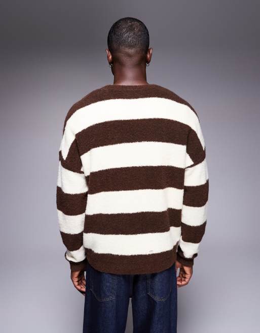 ASOS DESIGN oversized knitted fluffy stripe jumper in brown and ecru, 3 of 5