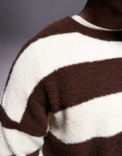 ASOS DESIGN oversized knitted fluffy stripe jumper in brown and ecru, 5 of 5