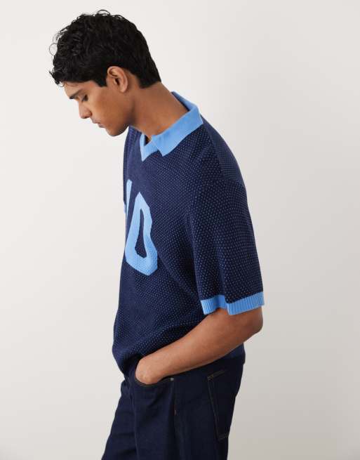 ASOS DESIGN oversized knitted football notch polo with graphic in navy, 2 of 5