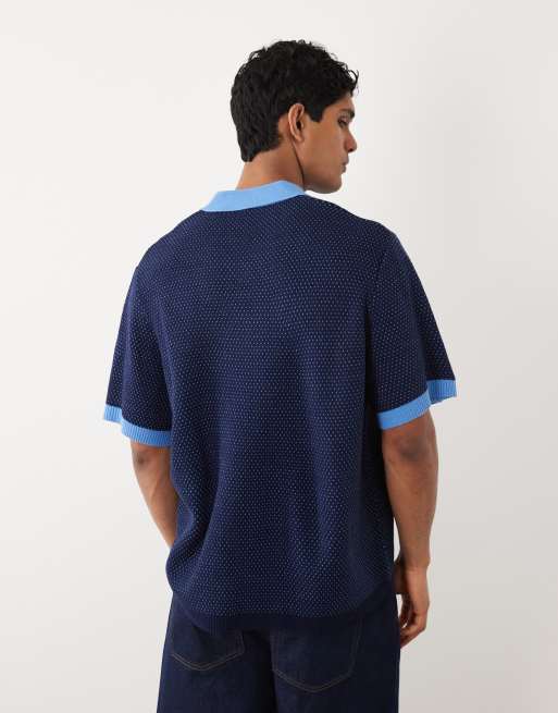 ASOS DESIGN oversized knitted football notch polo with graphic in navy, 3 of 5