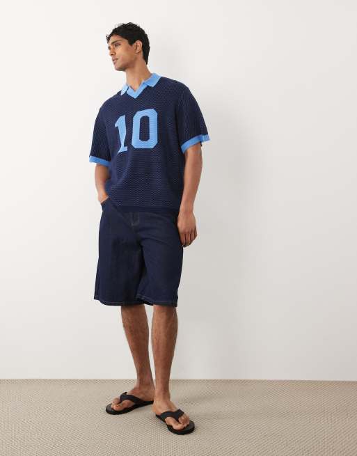 ASOS DESIGN oversized knitted football notch polo with graphic in navy, 4 of 5