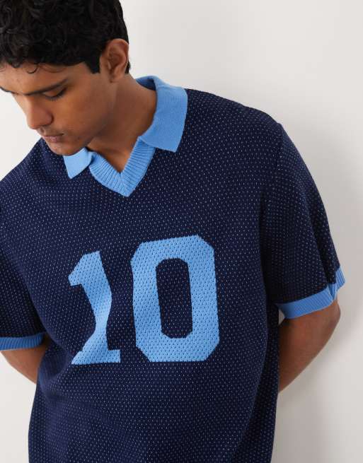 ASOS DESIGN oversized knitted football notch polo with graphic in navy, 5 of 5