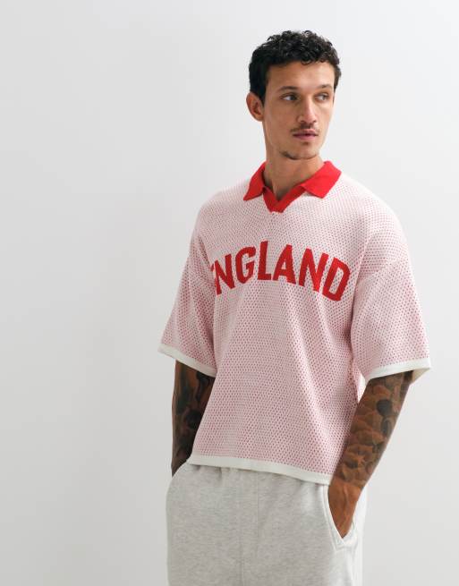 ASOS DESIGN oversized knitted football-style polo with England graphic in white, 4 of 5