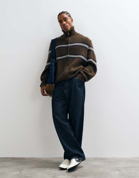 ASOS DESIGN oversized knitted funnel neck in brown with blue stripe - view 1