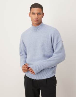 ASOS DESIGN oversized knitted funnel neck wool blend jumper in blue-Brown