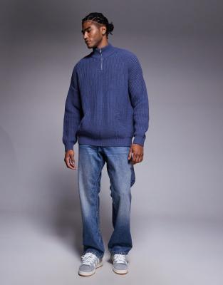 Asos Design Oversized Knitted Half Zip Sweater In Blue