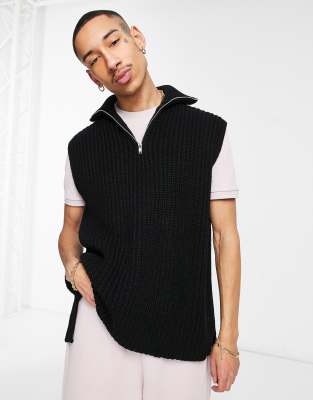 ASOS DESIGN oversized knitted half zip sweater vest in black