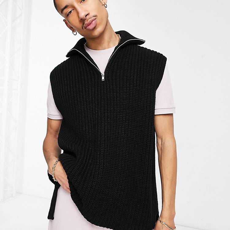 ASOS DESIGN oversized knitted half zip sweater vest in black