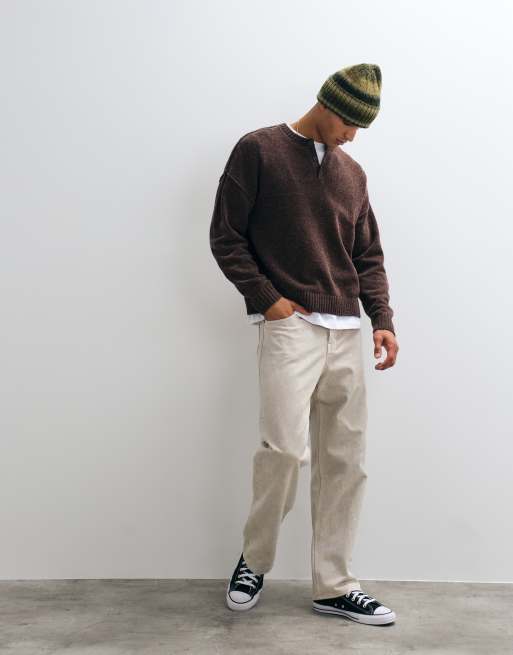 ASOS DESIGN oversized knitted henley jumper in brown, 2 of 5