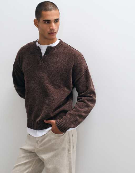 ASOS DESIGN oversized knitted henley jumper in brown, 3 of 5