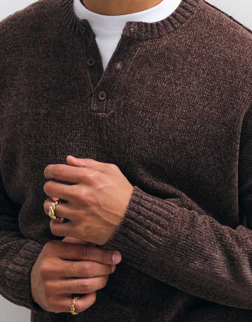 ASOS DESIGN oversized knitted henley jumper in brown, 4 of 5