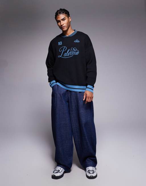 ASOS DESIGN oversized knitted high v-neck jumper with Palermo sports print in black, 2 of 5