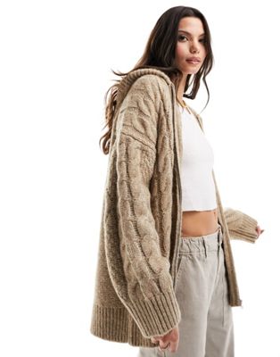 ASOS DESIGN oversized knitted hoodie with cable detail in camel