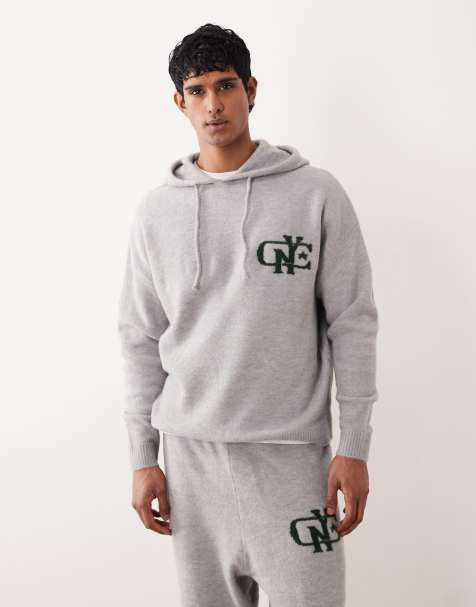 ASOS DESIGN oversized knitted hoodie with NYC chest logo in grey (part of a set) - view 1