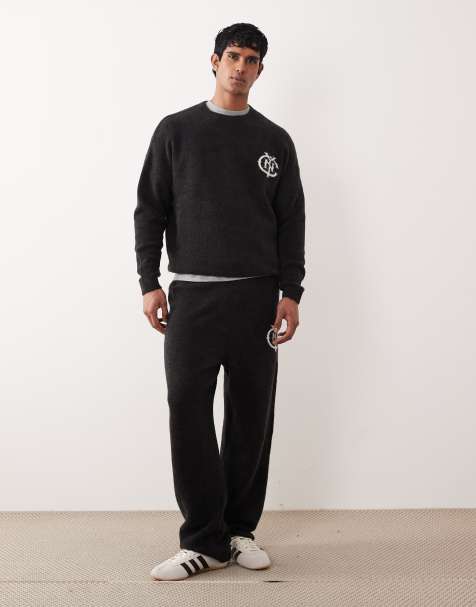 ASOS DESIGN oversized knitted jumper and joggers co-ord with NYC print in washed black - view 1