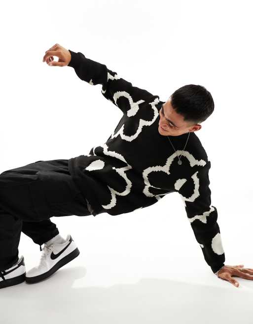 ASOS DESIGN oversized knitted jumper in black and white floral pattern