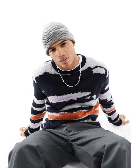 ASOS DESIGN oversized knitted jumper with abstract stripes in navy