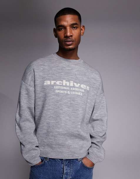ASOS DESIGN oversized knitted jumper with achieves graphic in grey