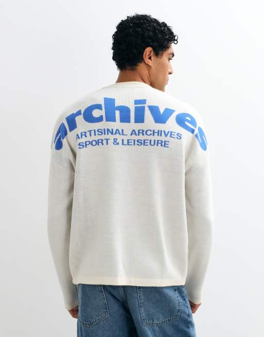 ASOS DESIGN oversized knitted jumper with archives back print in ecru, 5 of 5