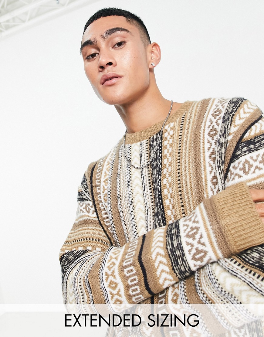ASOS DESIGN oversized knitted jumper with aztec pattern in brown