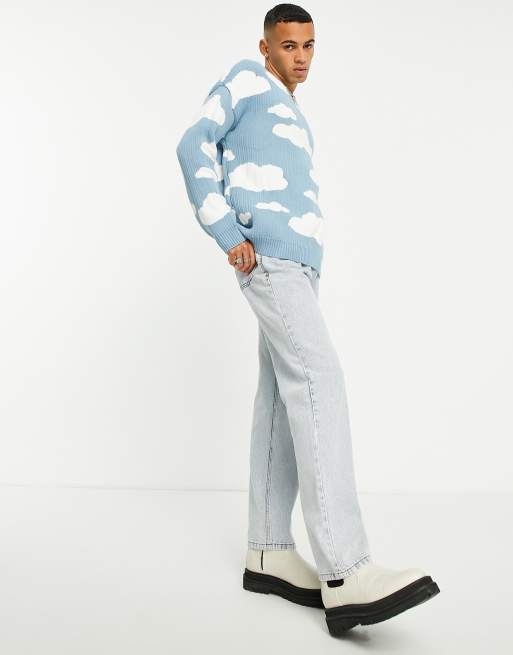 ASOS Knitted Oversized Jumper With Cloud Landscape Pattern in Blue for Men