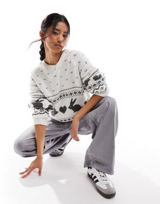ASOS DESIGN oversized knitted jumper with cross stitch bunnies in ivory
