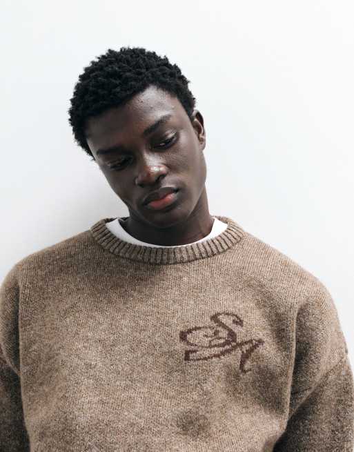 ASOS DESIGN oversized knitted jumper with embroidery in brown marl, 2 of 5