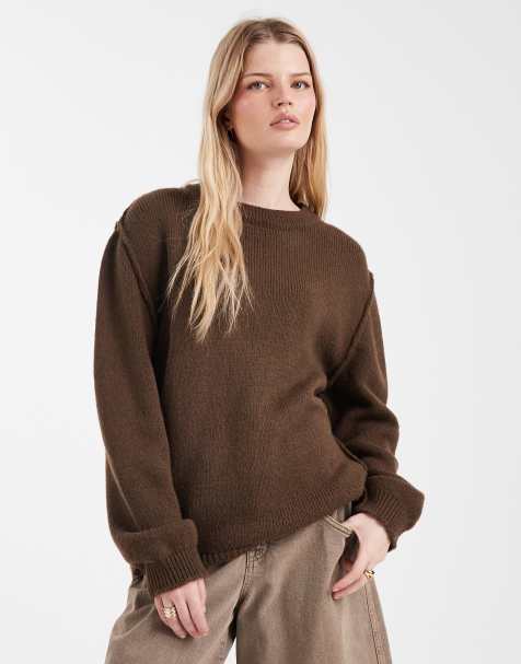 ASOS DESIGN oversized knitted jumper with exposed seams in brown - view 1