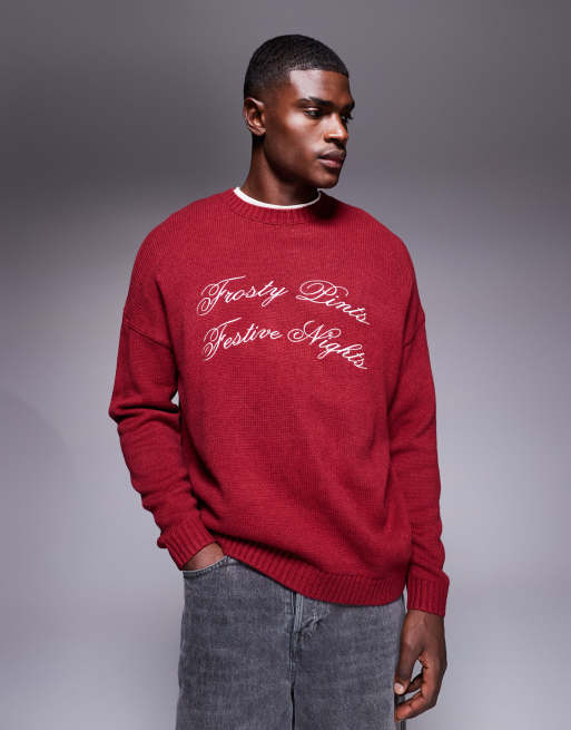 ASOS DESIGN oversized knitted jumper with Frosty Pints Festive Nights embroidery in burgundy