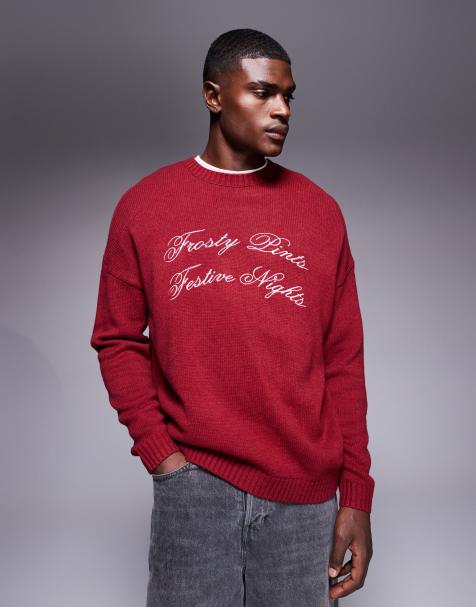 ASOS DESIGN oversized knitted jumper with Frosty Pints Festive Nights slogan in burgundy - view 1